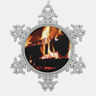Logs in the Fireplace Warm Fire Photography Snowflake Pewter Christmas Ornament