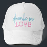 LOLA Neon Blue Pink Drunk In Love Bachelorette Trucker Hat<br><div class="desc">This drunk in love bachelorette trucker hat features neon inspired wording and is perfect for the bride on her bachelorette weekend. Pair with the 'just drunk' option for the bachelorette group for a cohesive look. 💜 COLORS ARE EDITABLE! Click 'edit design' to change the colours.</div>