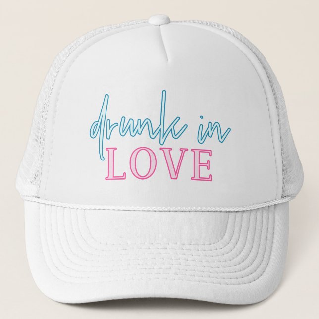 LOLA Neon Blue Pink Drunk In Love Bachelorette Trucker Hat (Front)