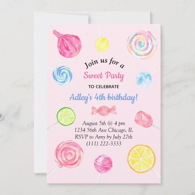 Lollipop Candy Sweet Girl Birthday Invitation (Front)
