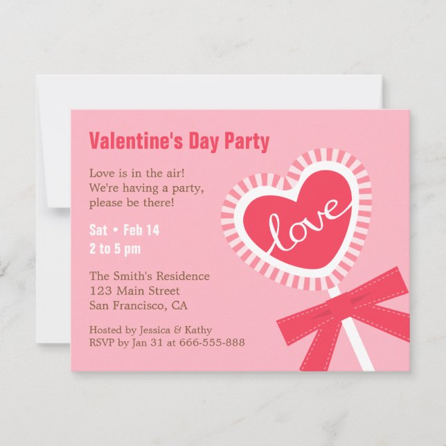 Lollipop Heart Candy Valentines Party Invitations (Front)