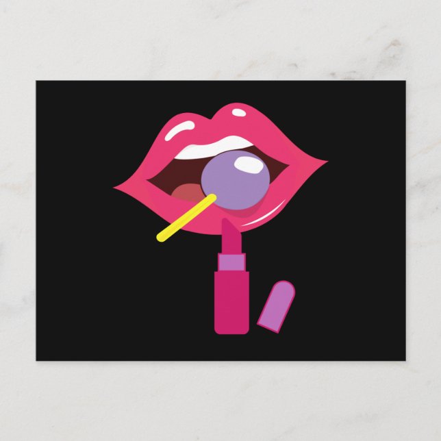 Lollipop red lips. Girly lipstick makeup candy Postcard (Front)