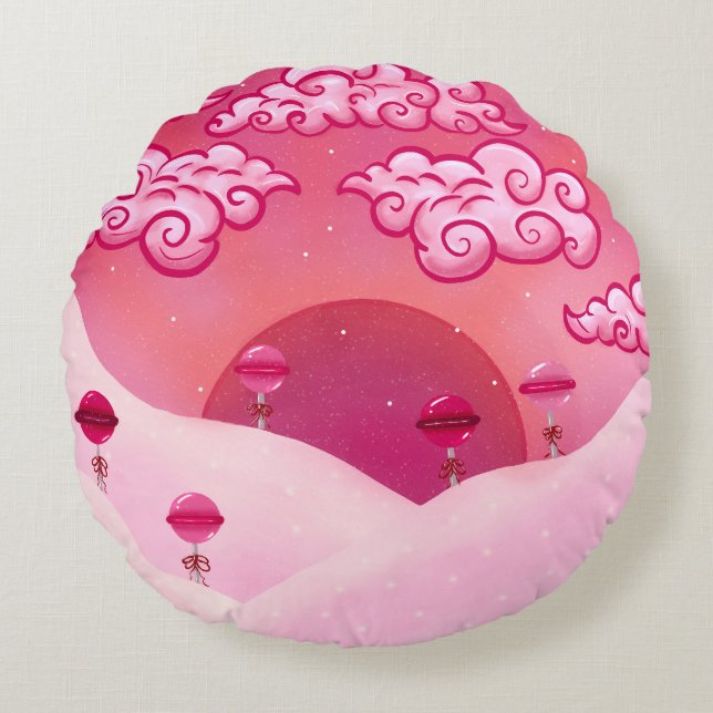 Lollipops and pretty clouds round pillow (Front)