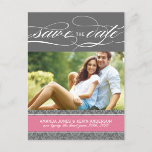 Lolly Pink and Grey Damask Save the Date Announcement Postcard