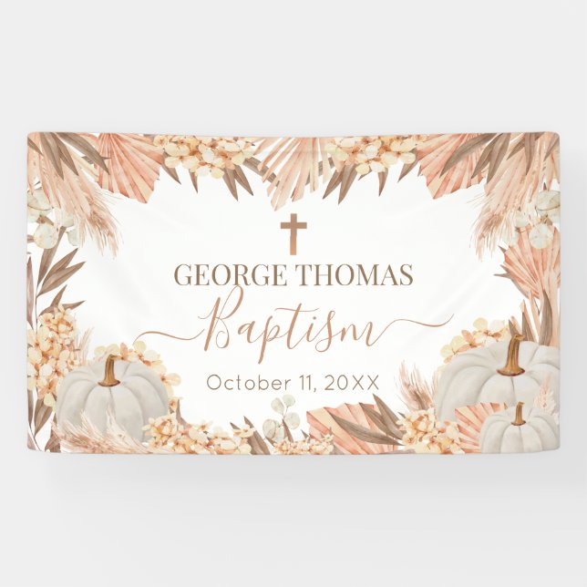 Lona Floral Boho Pampas White Pumpkin baptism Banner (Horizontal)