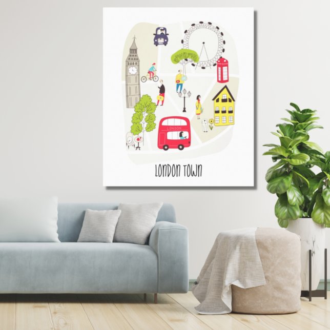 London Artsy Map Cartoon Landmarks People Canvas Print (Creator Uploaded)