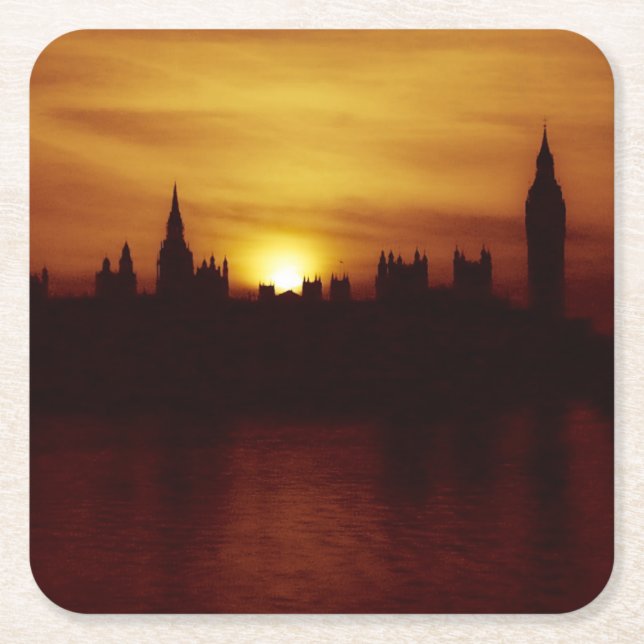 London-Big Ben-Elizabeth Tower-Sunset-Coaster Square Paper Coaster (Front)