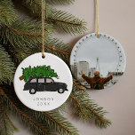 London Black Cab Christmas Tree Taxi Photo  Ceramic Ornament<br><div class="desc">Whimsical Christmas tree ornament featuring the iconic London black cab illustration taxi-ing a Christmas tree on top. Turn it over and add your favourite photo from your London trip as a special momento!</div>