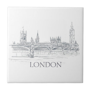 London Bridge Big Ben and Skyline Ink Drawing Tile