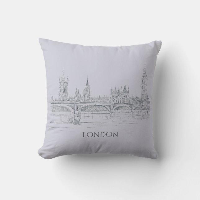 London Bridge Big Ben and Skyline Ink Sketch Throw Pillow (Front)