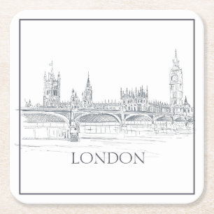 London Bridge Big Ben London Skyline Drawing Square Paper Coaster
