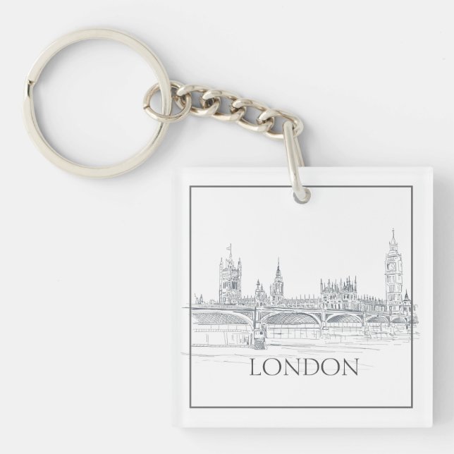 London Bridge Big Ben Pen and Ink Drawing Keychain (Front)