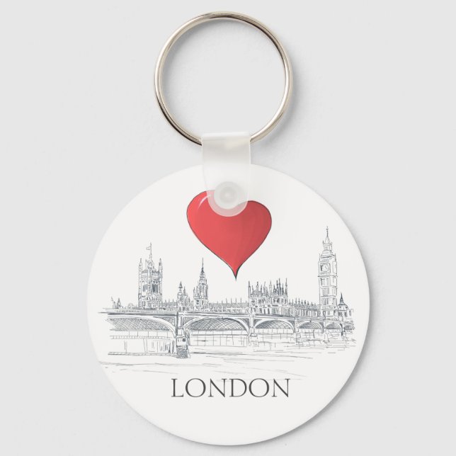 London Bridge Big Ben Skyline with Red Heart Keychain (Front)