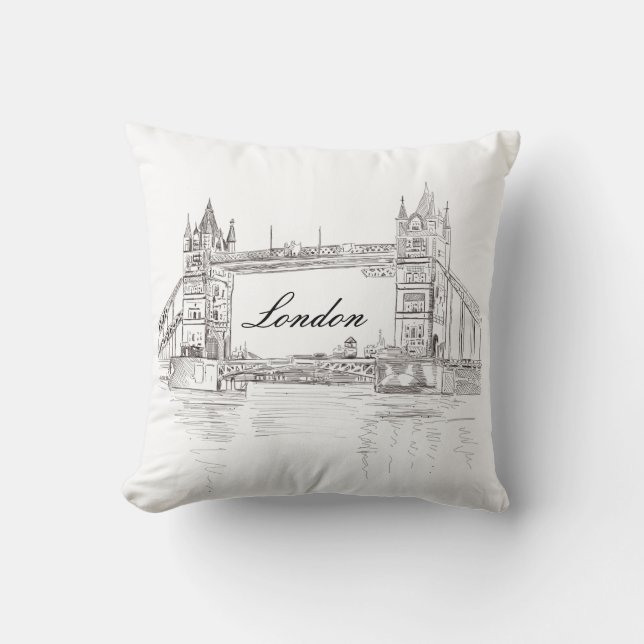 London Bridge Grey Ink architectural illustration Throw Pillow (Front)