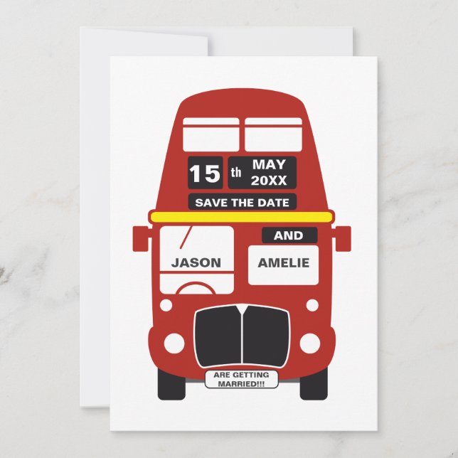 London Bus Save the Date card personalized (Front)