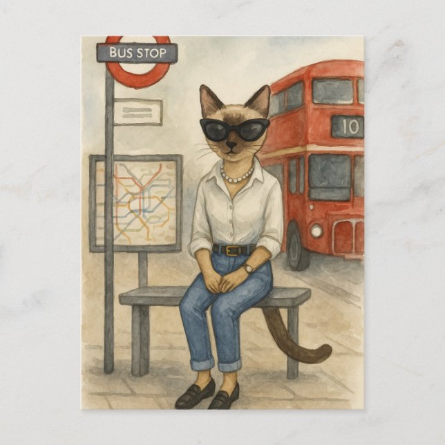 London Cat is waiting Double Decker Bus in London Postcard (Front)