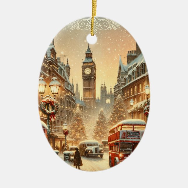 London Christmas Card – London Festive Scene Ceramic Ornament (Front)