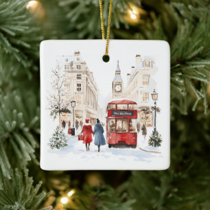 London Christmas Watercolor City Scene Ceramic Ornament