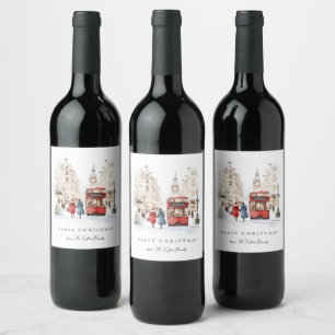 London Christmas Watercolor City Scene Wine Label