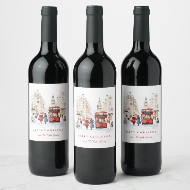 London Christmas Watercolor City Scene Wine Label (Bottles)