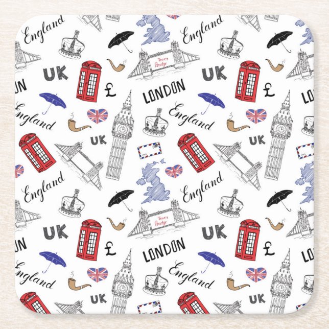London City Doodles Pattern Square Paper Coaster (Front)