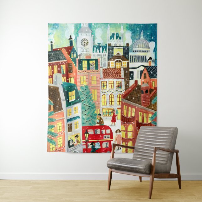 London city in the snow Christmas Illustration Tapestry (In Situ)