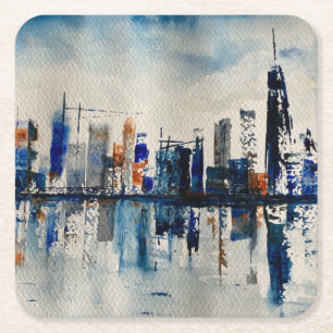 London City Skyline Abstract Painting Poster Postc Square Paper Coaster