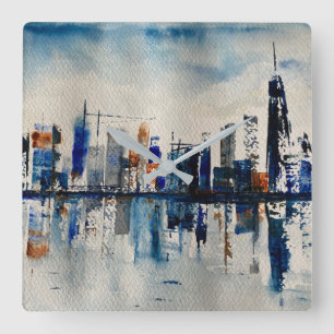 London City Skyline Abstract Painting Poster Postc Square Wall Clock