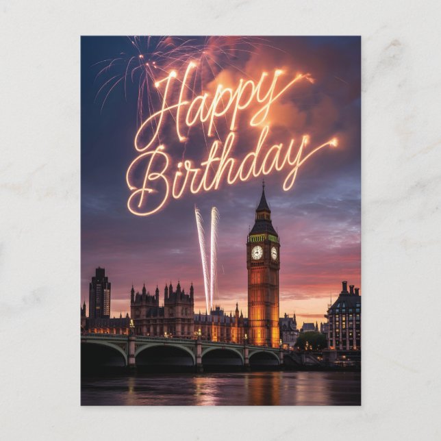 London Cityscape Birthday Greeting with Fireworks  Postcard (Front)