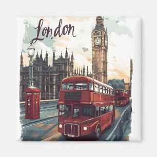 London Cityscape with Double-Decker Bus & Big Ben Magnet