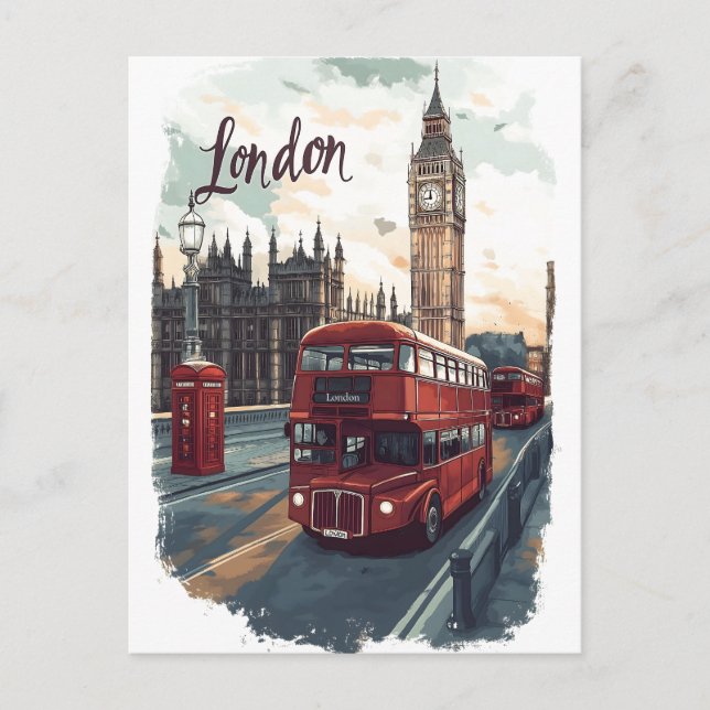 London Cityscape with Double-Decker Bus & Big Ben Postcard (Front)