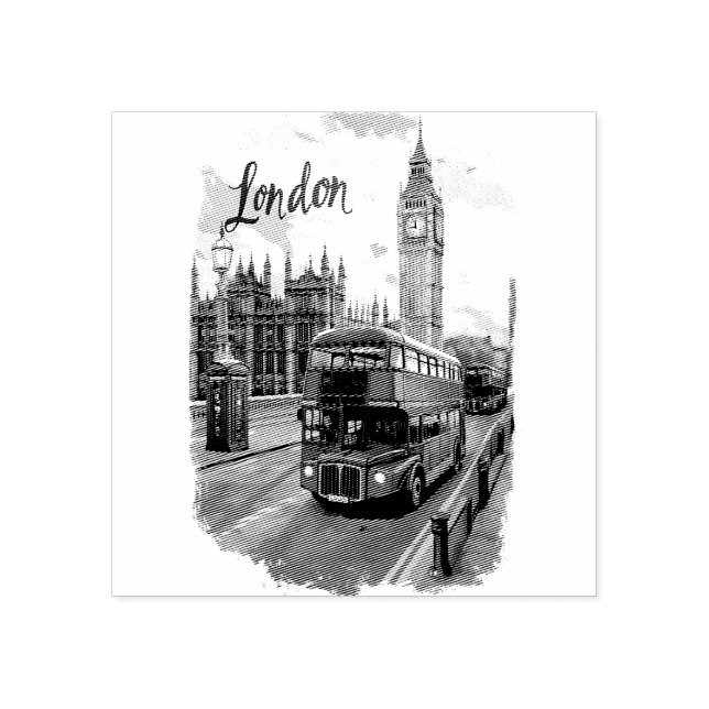 London Cityscape with Double-Decker Bus & Big Ben Rubber Stamp (Imprint)
