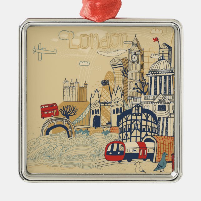 London Doodle Scene Metal Ornament (Front)