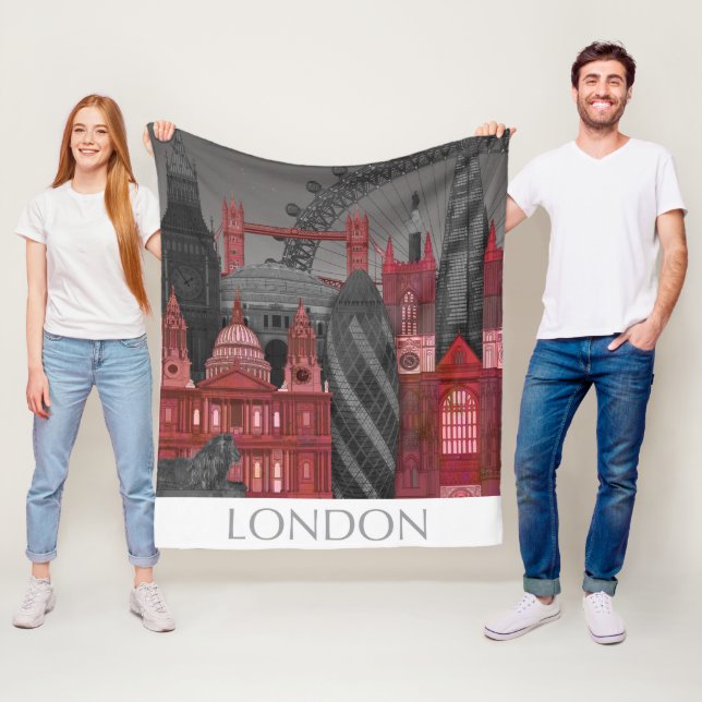 London Elevations by Night - Red Fleece Blanket (In Situ)