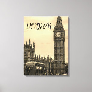 London England Big Ben Vintage Black White Red Bus Canvas Print