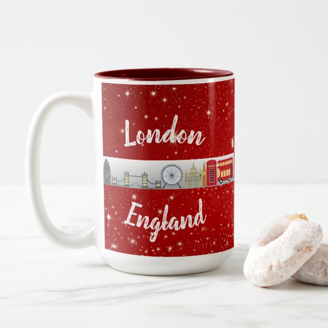 London England British Landmarks Red Two-Tone Coffee Mug (With Donut)
