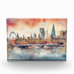 London England City Silhouette Watercolor Painting Photo Block