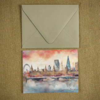 London England City Silhouette Watercolor Painting Postcard