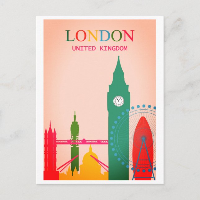 London England Colourful Vintage Travel Postcard (Front)