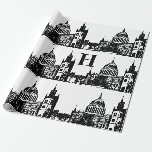 London England Elegant Black White Monogram Wrapping Paper