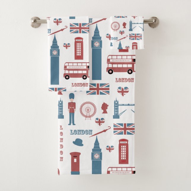 London England Flag, Double Decker Bus, Big Ben Bath Towel Set (Insitu)