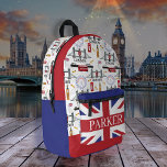 London England Queens Guard English Pattern Printed Backpack<br><div class="desc">London, England pattern with English elements such as phone booth, double decker bus, London Bridge, the London Ferris Wheel. Union Jack Flag motif on front pocket. Please note that colours are not official colours--they have been modified to coordinate with the colours in the pattern. Composite design by Holiday Hearts Designs...</div>