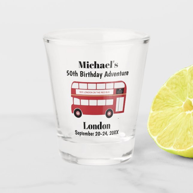 London England Red Bus Birthday Trip Party Favour Shot Glass (Front)