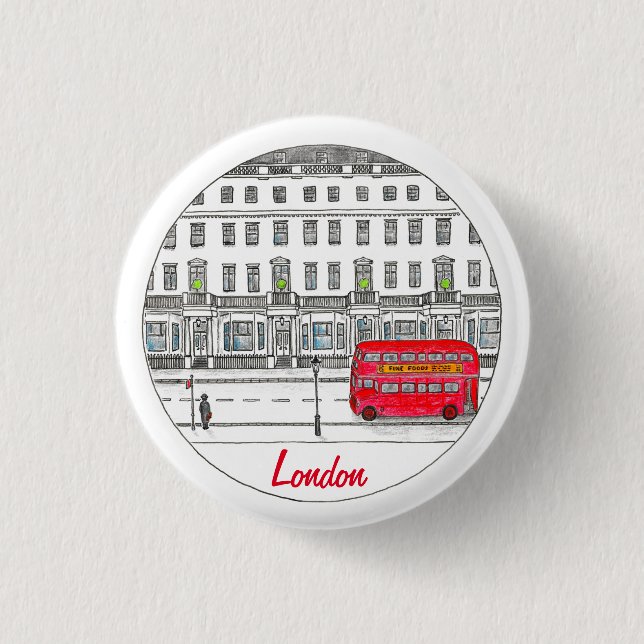London England Red Bus Travel Illustration 1 Inch Round Button (Front)