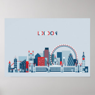 London, England   Red, White and Blue Skyline Poster
