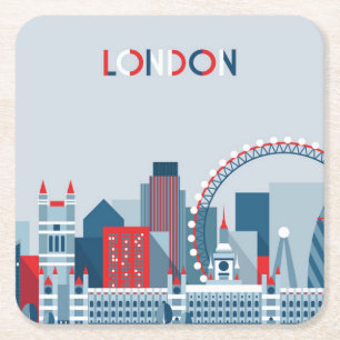 London, England Red, White and Blue Skyline Square Paper Coaster