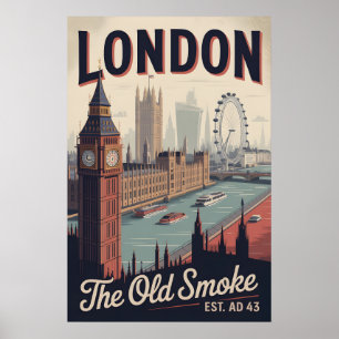 London England Retro Skyline Cityscape Travel Poster