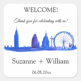 London England skyline Blue Favours Weddings Square Sticker