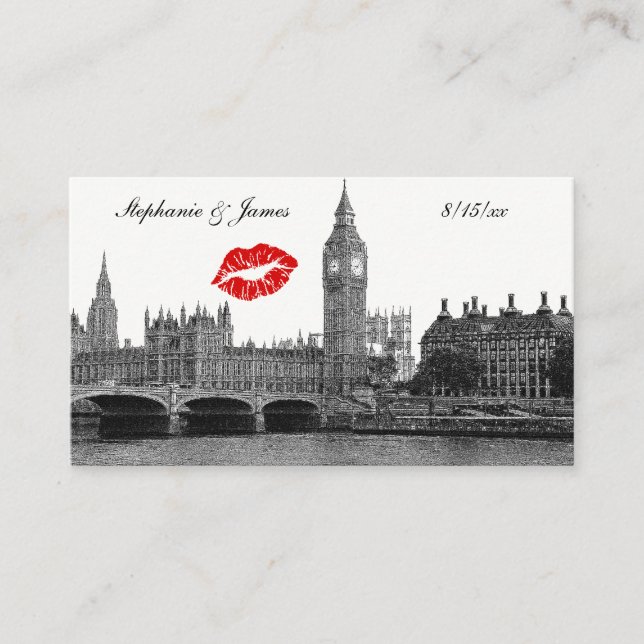 London England Skyline Kiss BW Escort Cards (Front)