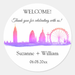 London England skyline Pink Favours Weddings Classic Round Sticker